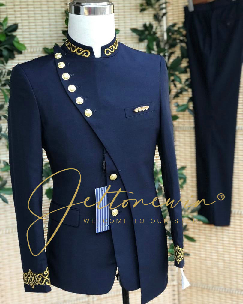 Men's Navy Blue Suit Set with  - Men Formal Wear Blue 评论和价格