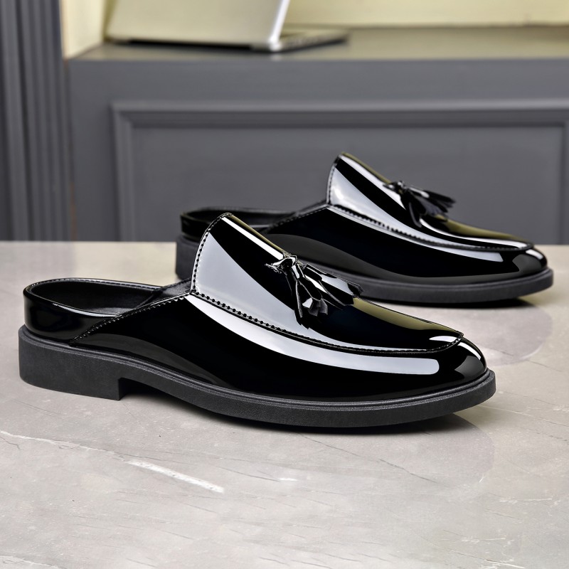 Men Black Patent Leather Mules - Formal Men Daily Wear Slippers 评论和价格