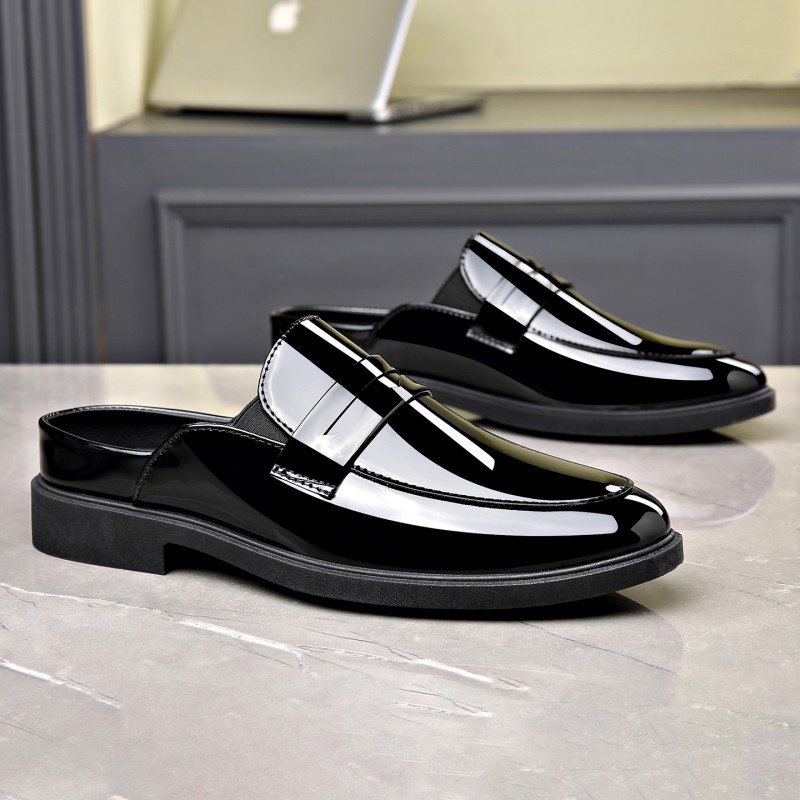 Men Black Patent Leather Mules - Formal Men Daily Wear Slippers 评论和价格