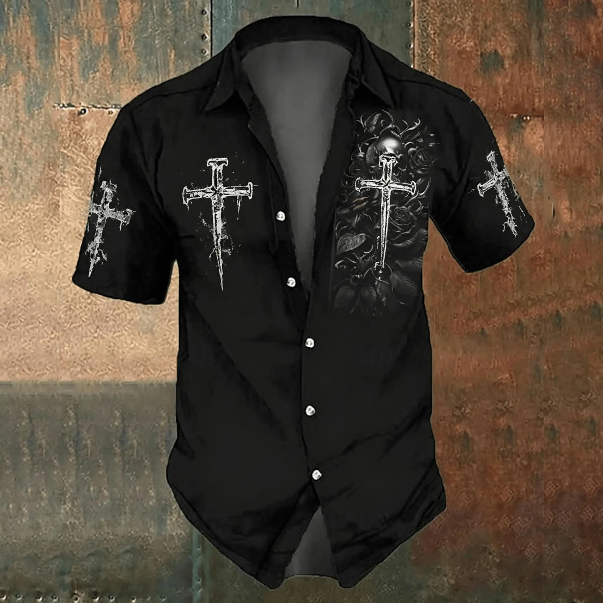 Men's black cross-print casual - Men'S Gothic Formal Wear 评论和价格