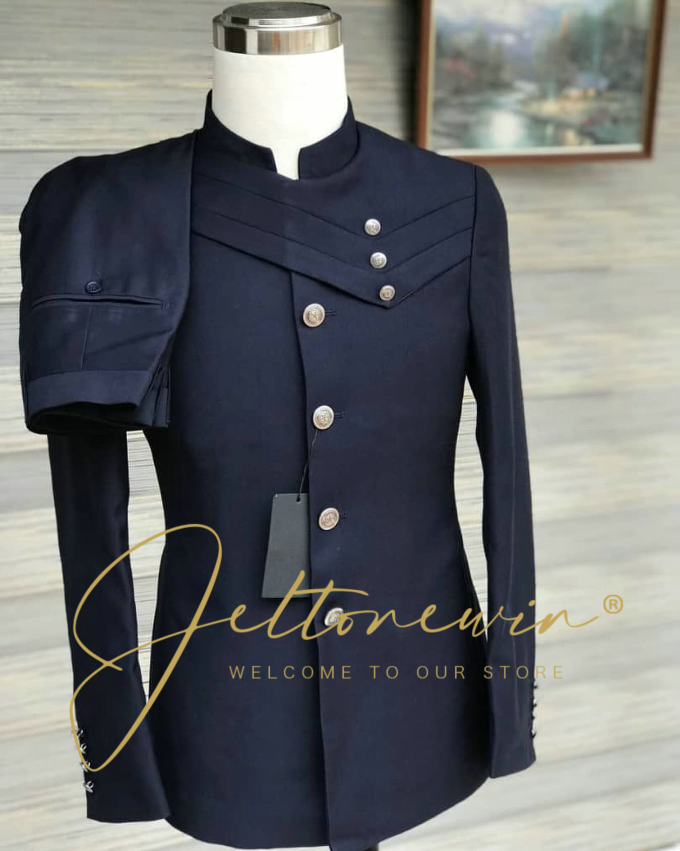 Men's Navy Blue Suit Set with  - Men Formal Wear Blue 评论和价格